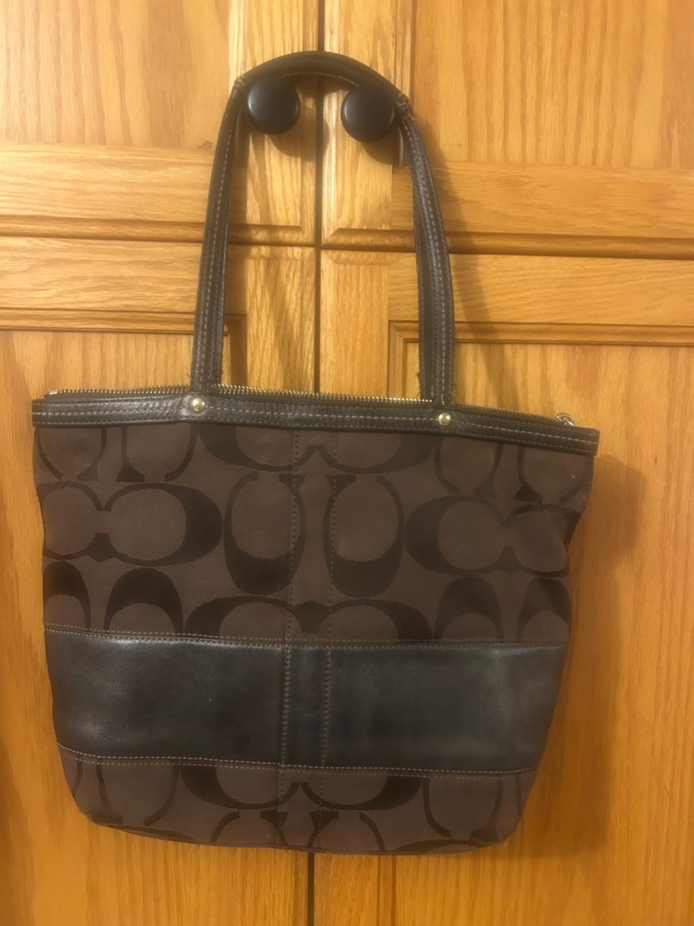 Coach Brown Signature Canvas Tote with Dark Brown Leather Trim